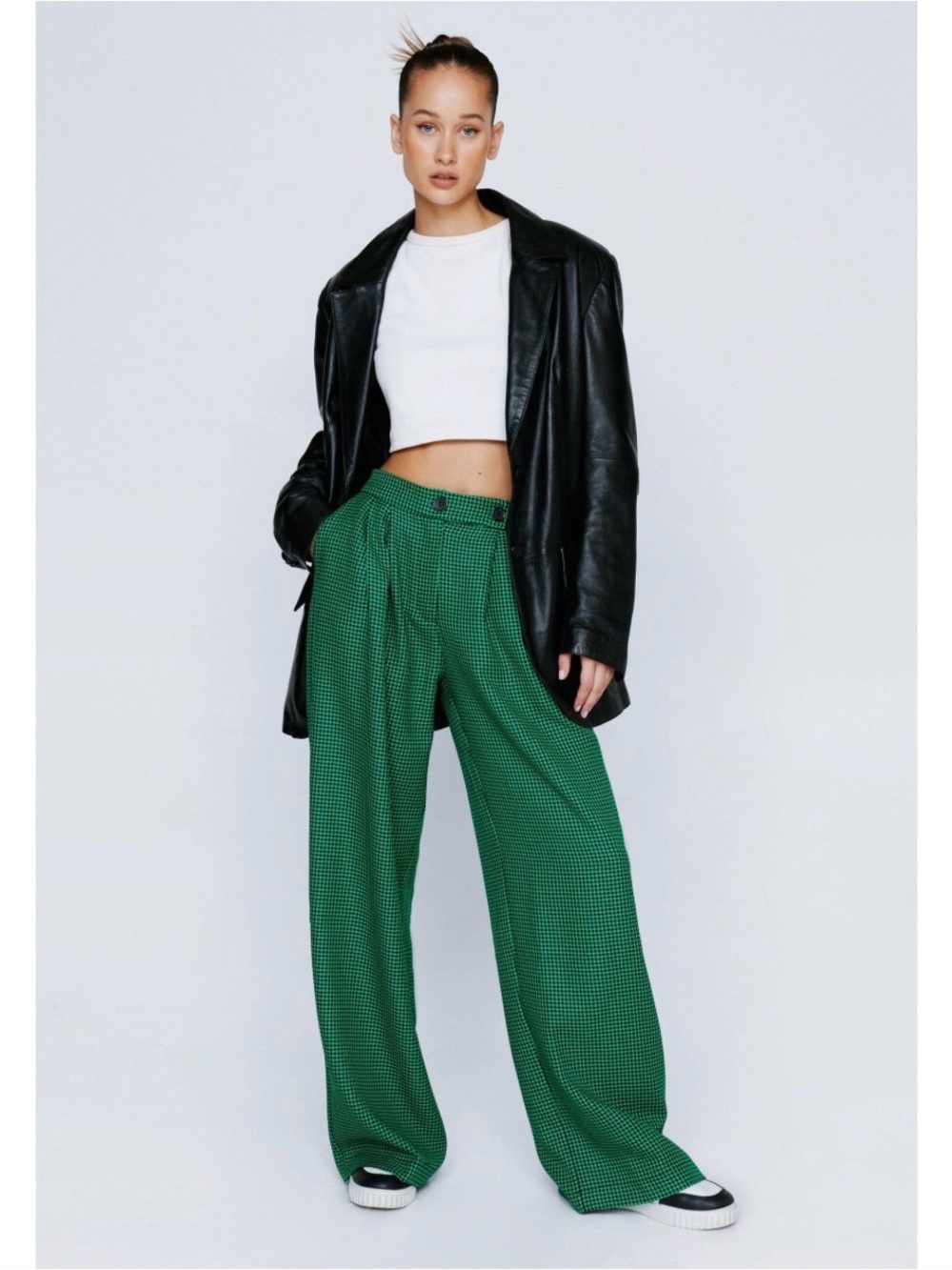 Nasty Gal Green Wide-Leg Plaid Trousers